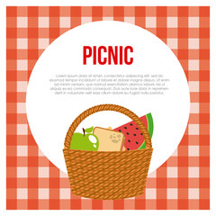 basket with fruits and sandwich icon over picnic tablecloth background. colorful design. vector illustration