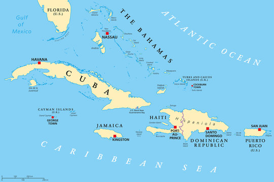 Greater Antilles political map. Caribbean islands. Cuba, Jamaica, Haiti, Dominican Republic, Puerto Rico, Cayman Islands, The Bahamas, Turks And Caicos Islands. Illustration. English labeling. Vector.