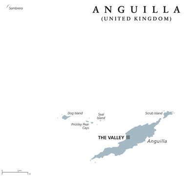 Anguilla political map with capital The Valley. British overseas territory in the Caribbean, part of the Leeward Islands in the Lesser Antilles. Gray illustration over white. English labeling. Vector.