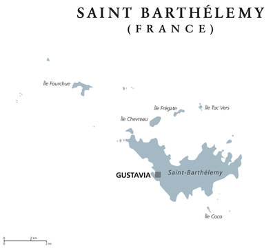 Saint Barthelemy political map with capital Gustavia. Territorial collectivity of France in the Caribbean. Also St. Barths, St. Barts, Ouanalao. Gray illustration over white. English labeling. Vector.