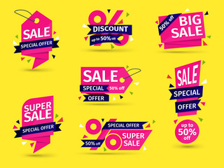 Set of pink colored stickers and banners. Geometric shapes and confetti. Big set of beautiful discount and promotion banners. Advertising element. Sale banner tag.  Vector illustration.