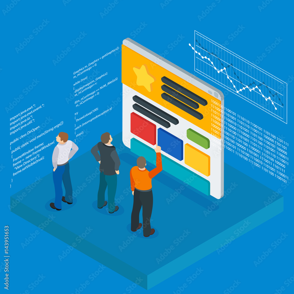 Poster banner in a flat 3d isometric style. optimization of websites. people and the website page. infograp