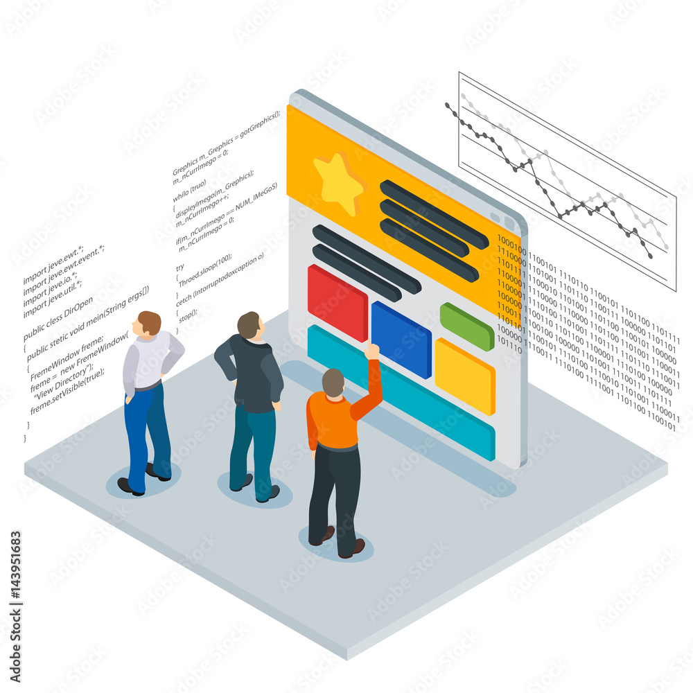 Poster banner in a flat 3d isometric style. optimization of websites. people and the website page. infograp