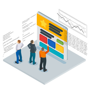 Banner in a flat 3d isometric style. Optimization of websites. People and the website page. Infographics and program code. People Web site development. Web site analytics service. Vector illustration