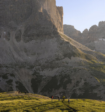 Sesto Dolomites, Veneto, Italy. Hikers on the path 117 Bonacossa