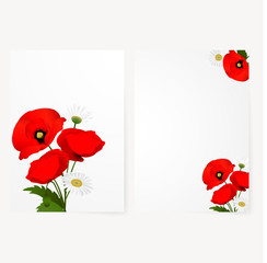 Template card with chamomile and red flowers poppies