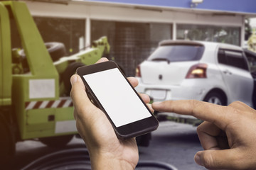 Use smartphone on blank screen for text input, emergency call concept, online forklift service.