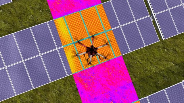 Drone flys over solar panels and scanning the solarmodules on failures - Thermographic assessments