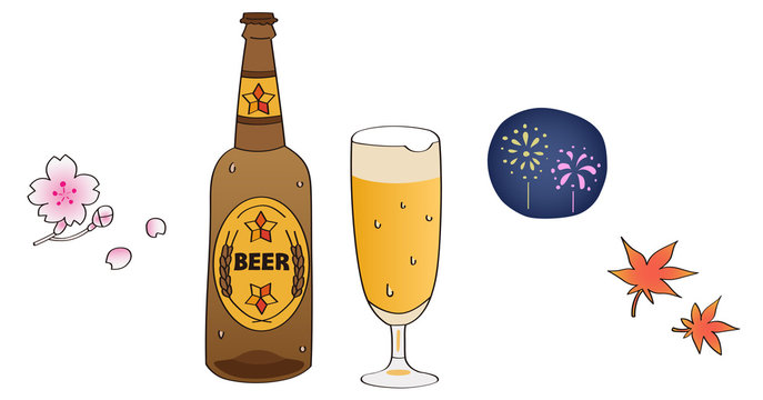 ビール瓶とグラスと四季