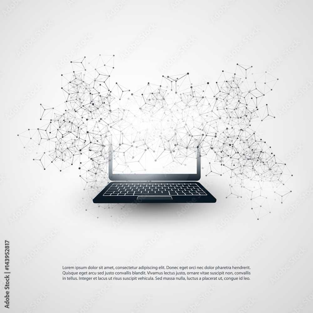 Poster abstract cloud computing and global network connections concept design with laptop computer, wireles