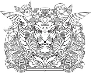 head of lion surrounded by little angels .Black and white outline decor