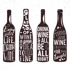 Fototapeta na wymiar Typography set of wine bottle silhouette with lettering. Vector handwriting illustration designed for advertising bar or pub menu, prints, poster, banner and labels creations.