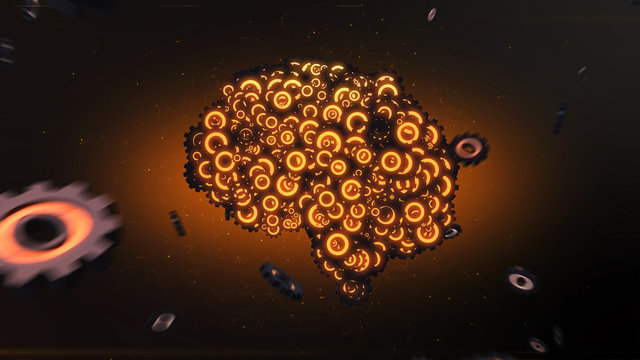 Glowing orange mechanical clockwork brain forming from flying gear wheels illustrating artificial intelligence - 3D render	
