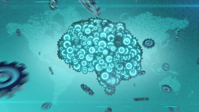 Glowing blue green mechanical brain forming from clockwork gears concept as 3D render illustrating technology concepts and computing	