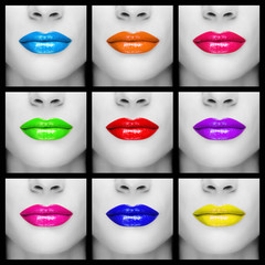 Collage with nine close-up images of colorful woman lips