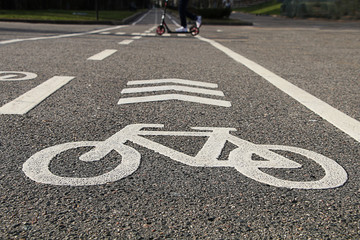 Bicycle path with a marking in the park
The child on the scooter crosses the bike path in the background.