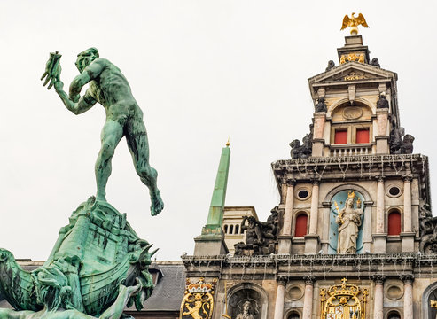 brabo fountain in front of town hall antwerp