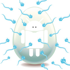 A large group of sperm attacking an egg with a robot inside.
