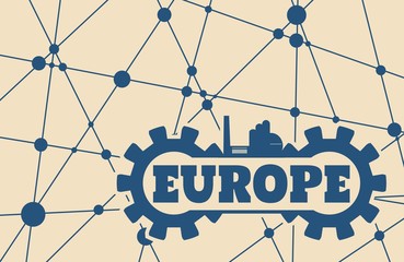 Europe word build in gear. Heavy industry relative image. Molecule And Communication Background. Vector brochure or report design template. Connected lines with dots.