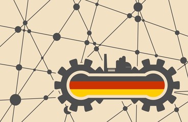 Flag of the Germany build in gear. Heavy industry relative image. Molecule And Communication Background. Vector brochure or report design template. Connected lines with dots.