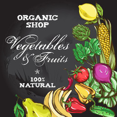 Background with hand-drawn vegetables and fruits. Template of design for organic farm products. Vector illustration on blackboard. © olga_zaripova