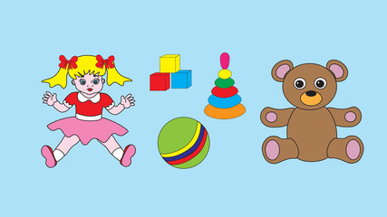 Children's toys: a doll, a teddy bear, a ball, cubes and a pyramid.