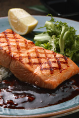 Grilled salmon with rice and sauce.