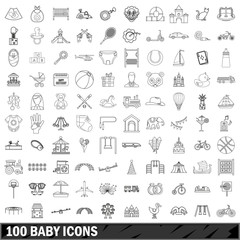 100 baby icons set, outline style