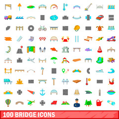 100 bridge icons set, cartoon style