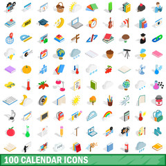 100 calendar icons set, isometric 3d style