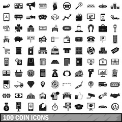 100 coin icons set, simple style 