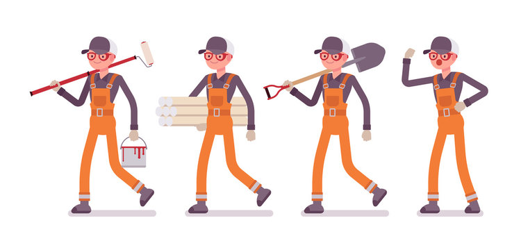 Set of male worker in orange overall with different tools