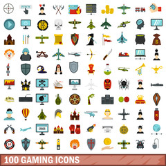 100 gaming icons set, flat style
