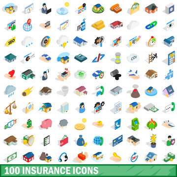 100 Insurance Icons Set, Isometric 3d Style