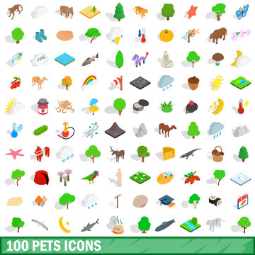 100 pets icons set, isometric 3d style