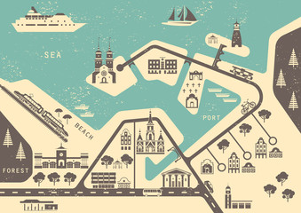 Vector scheme of nonexistent seaside town with various buildings, bridges, churches and transport. Template for vintage tourist map of resort city. Stencil graphics, imprints. - 143958231