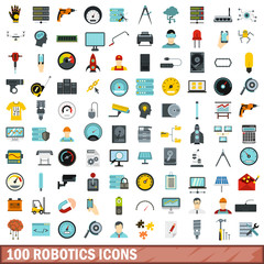 100 robotics icons set, flat style