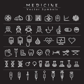Medical vector symbols - icons. A set of white hand drawings on medicine services on a black background.