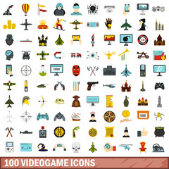 100 videogame icons set, flat style