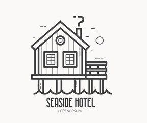 Seaside hotel logo or label template in linear style. Sea stilt house logotype in thin line design. Beach pier home outline icon.
