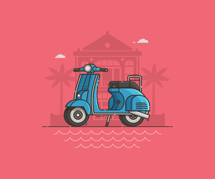 Blue scooter parked near villa and sea beach. Motor bike on road vector illustration. Motorcycle standing on tropical seaside background. Retro motorbike in flat design. Summer travel concept.