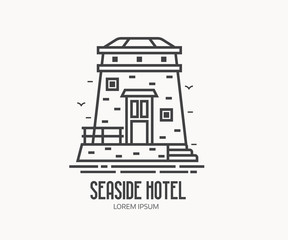 Seaside hotel logo or label template in linear style. Sea observation tower logotype in thin line design. Old stone lighthouse outline icon.