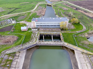 Water pumping station of irrigation system of rice fields. View