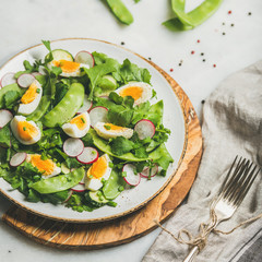 Healthy spring green salad with radish, boiled egg, arugula, green pea and mint in white plate on olive tree wood board over grey background, selective focus, square crop