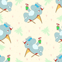 Cute seamless pattern with hippo in the Seashore, vector illustration. Printable template.