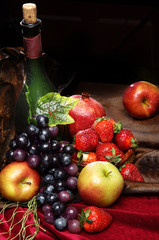 Juicy bright fruit, sprinkled with water, still life of seasonal fruits and berries, copyspace, Classic Dutch still life