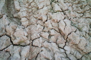 Traces wheel on the ground and Cracks. Dried mud with wheel print.