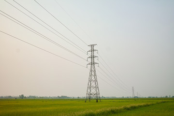  high voltage pole on field. countryside high voltage pole.