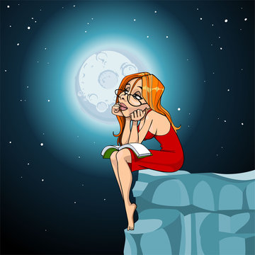 cartoon woman sitting dreamily moonlit night with a book