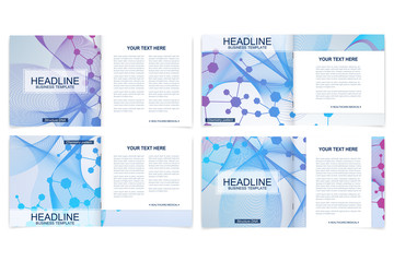 Templates for square brochure. Leaflet cover presentation. Business, science, technology design book layout. Scientific molecule background